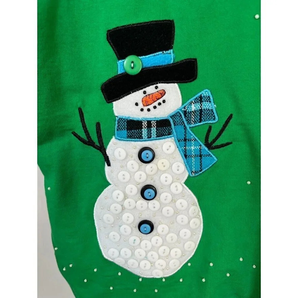 Casual Living Jacket‎ 1X Green Snowman Festive Santa Holiday Granny Preppy Cozy